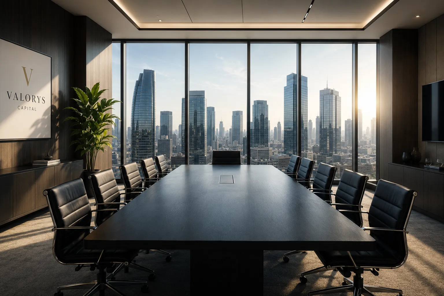 Salle de conseil d'administration Valorys Capital avec vue sur le quartier d'affaires